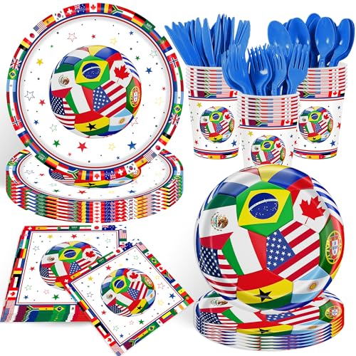 175Pcs World Cup Party Tableware Set, 2026 Soccer Ball Party Decorations Soccer Sports Events Festivals Supplies for International World Flags Disposable Paper Plates Napkins Forks, Serve 25 Guests