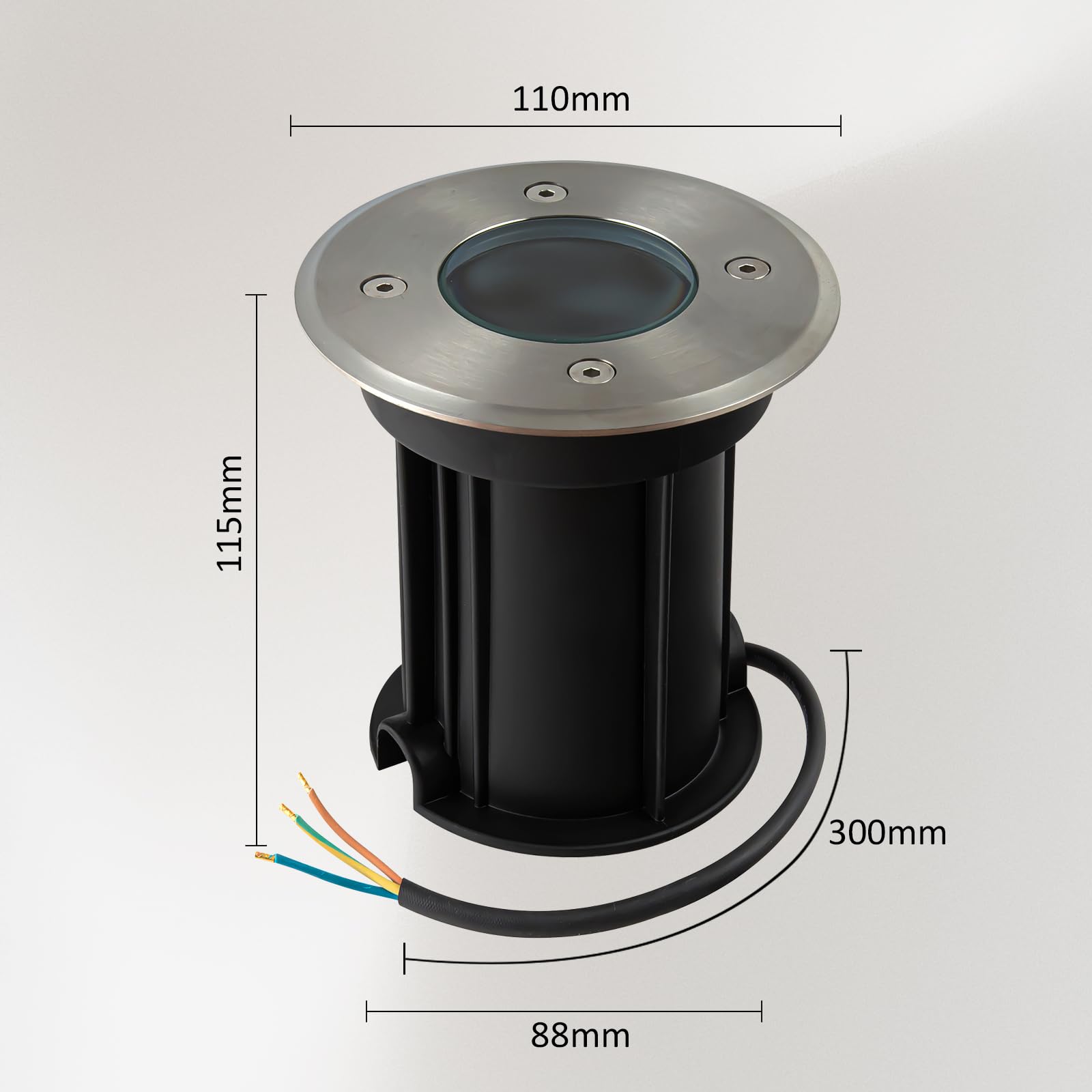 Foco led para empotrar en el suelo para GU10, IP67 Foco empotrable para suelo redondo, 230V foco exterior transitable para césped, plataforma, balcones, 30cm cable preinstalado, Ø11x12cm