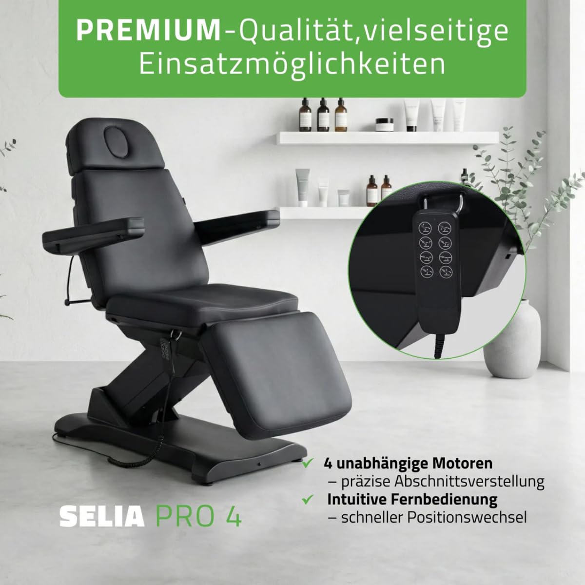 HABYS Selia PRO 4 Elektrische Kosmetikliege mit 4 Motoren (Schwarz) | Höhenverstellbarer Kosmetikstuhl mit Trendelenburg-Funktion, Beautyliege für Kosmetik, Podologie, SPA & Massage, 180 kg