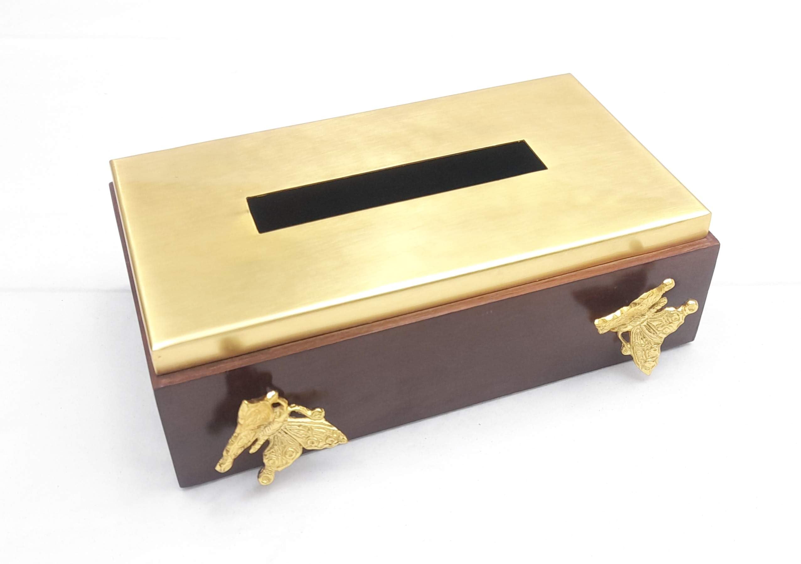 BUSINESS PLUS Wooden Tissue Box Holder with Brass Butterfly Accent | Wood Tissue Holder | Brass Butterfly Decor Tissue Dispenser | Wooden Holder Wooden Tissue Cover (Walnut Gold)