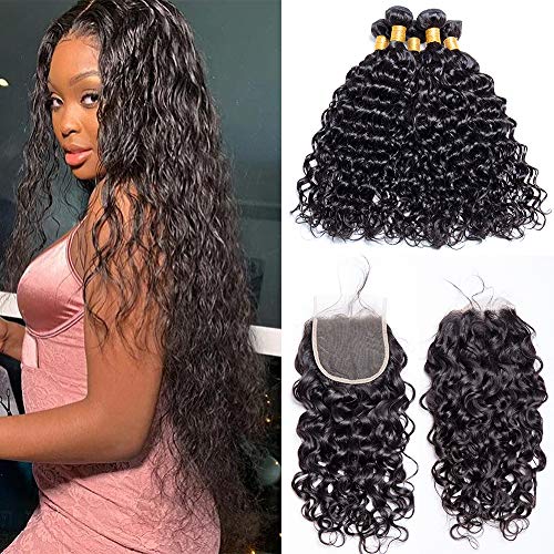 Maxine Malaysian Water Wave Wet And Wavy Virgin Human Hair Weave with Closure 4x4 Free Part Lace Closure with Baby Hair (16 18 20 22 with 14)