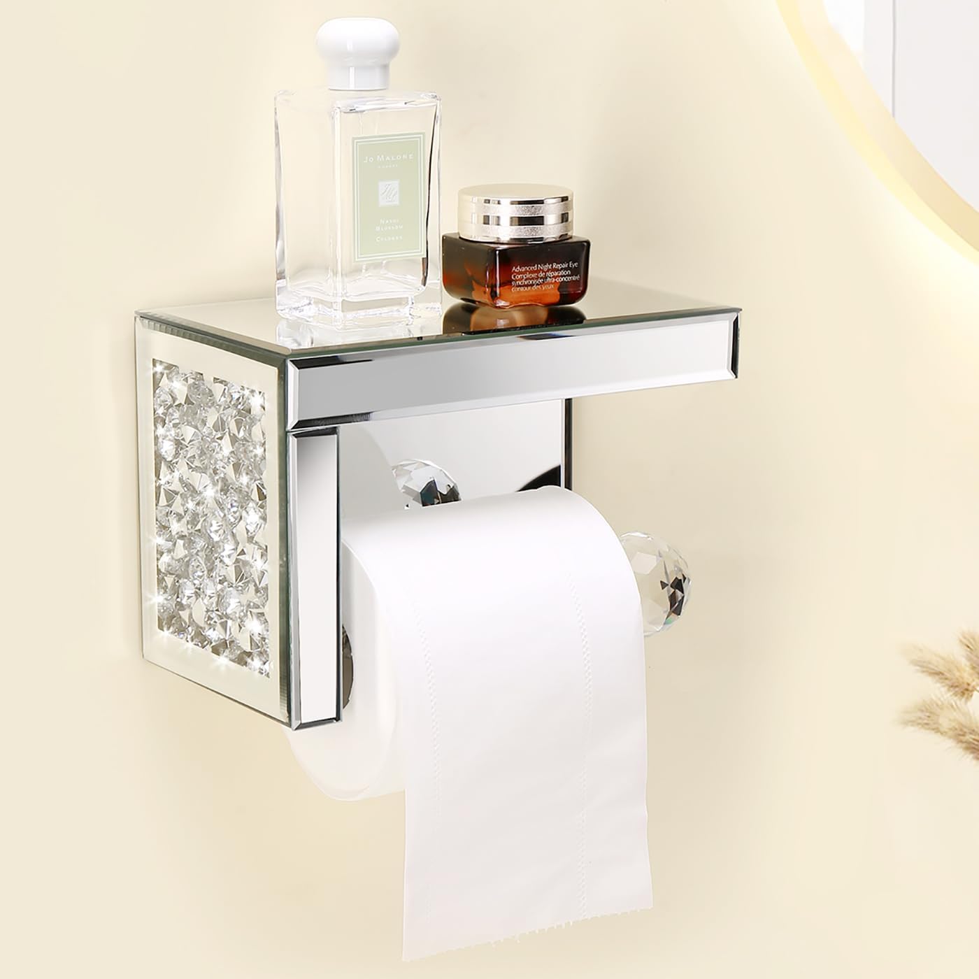Crystal Crush Diamond uchwyt na papier toaletowy z lustrzaną półką – nowoczesne, montowane na ścianie, srebrne akcesoria łazienkowe, efektowny uchwyt na papier toaletowy do eleganckiego wystroju