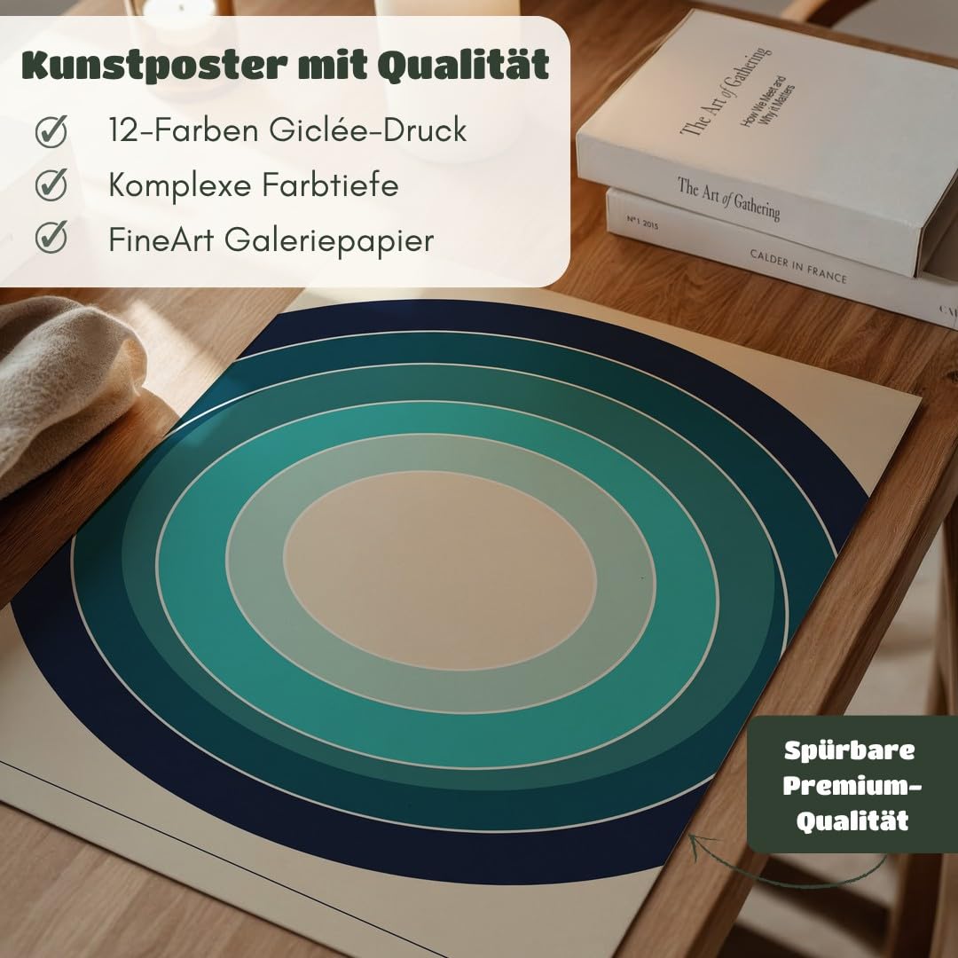 MJ-GRAPHICS® Poster Kreise Kunstdruck geometrisch Wandbild Blau Türkis Deko Wohnzimmer Entspannung Harmonisch Beruhigend Kunst druck Modernes Design Dekoration A2 mit schwarzem Rahmen