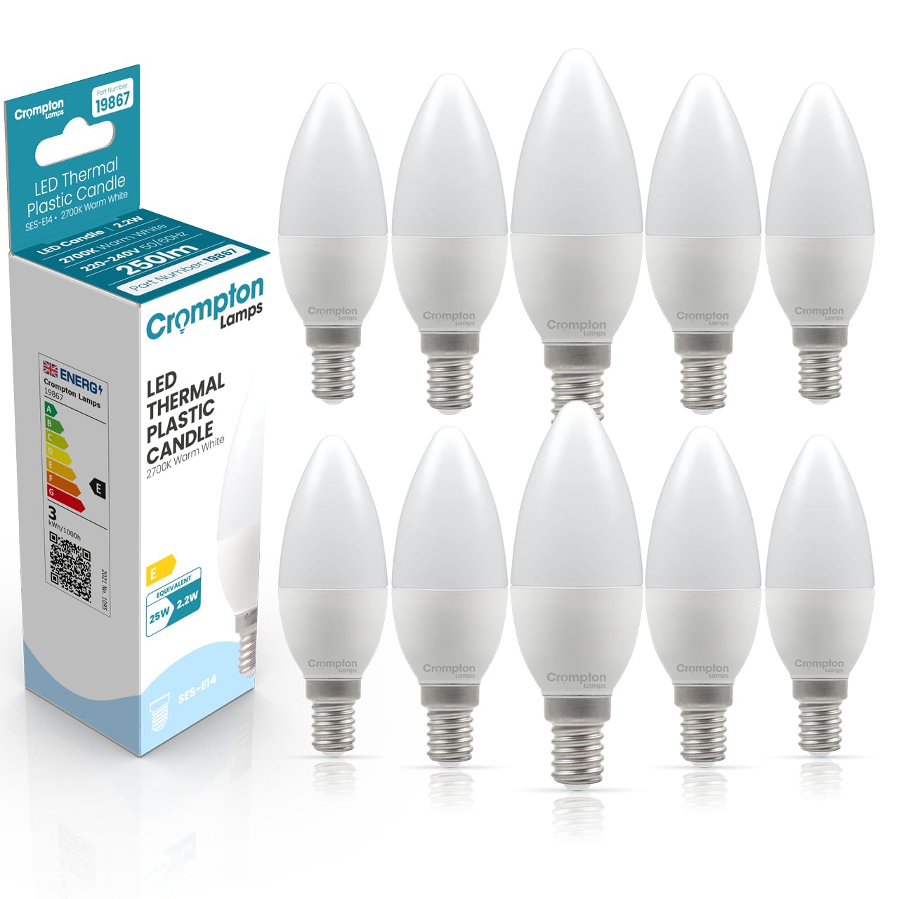 Crompton Lamps Candle LED E14 Bulb | 2.2W = 25W Equivalent | Warm White 2700K | Energy Efficient | Small Screw Lightbulb | Long Life 15,000-Hrs | Bulbs for Lamps | 10-Pack