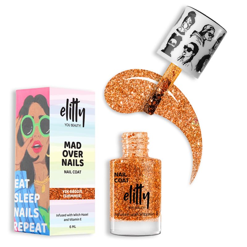 Image of Elitty Nail Polish For Women, Long Lasting Nail Coats, 12 Toxin Free, Infused with Witch Hazel, Vit E, Vegan & Cruelty Free, Shimmer - Y2K Baddie (Rusty Orange), 6 ML