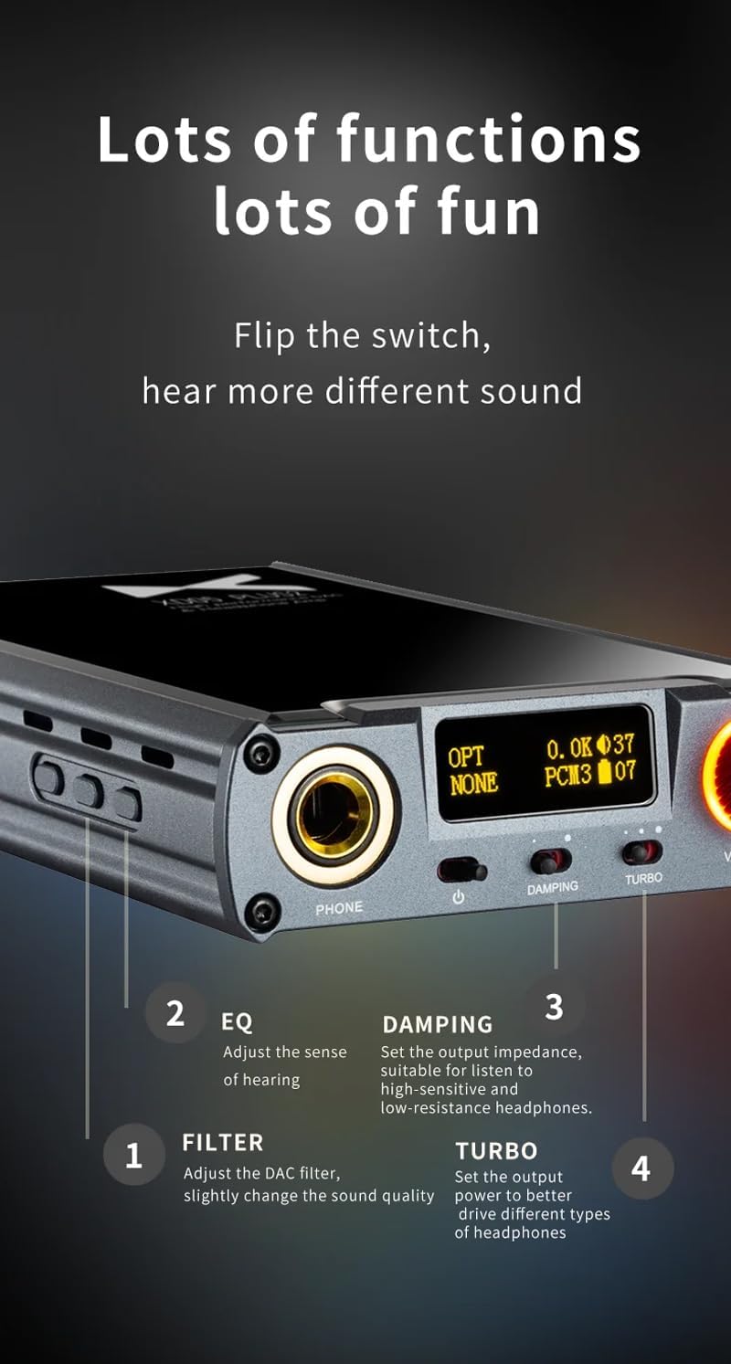 Infographic showing EQ, Filter, Damping, and Turbo controls