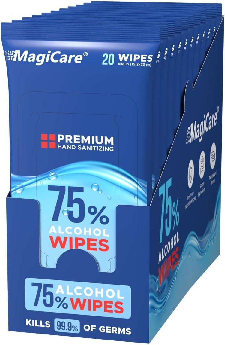 MagiCare Travel Hand Sanitizer Wipes, 10 Packs of 20 (200 pcs) - 75% Alcohol Wipes, Large - Sanitizing Hand Wipe for Car, Bag, Purse, Airplane, Travel Essentials - On-the-go Size Wet Wipe, Unscented