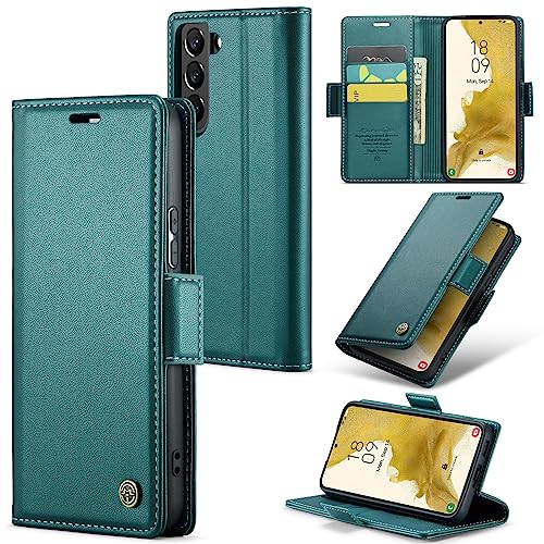 Rerzoiro Case for Samsung Galaxy S22 Wallet Case, RFID Blocking PU Leather Flip Folio Cover Card Holder Kickstand Shockproof Phone Case Compatible with Samsung Galaxy S22, Blue Green