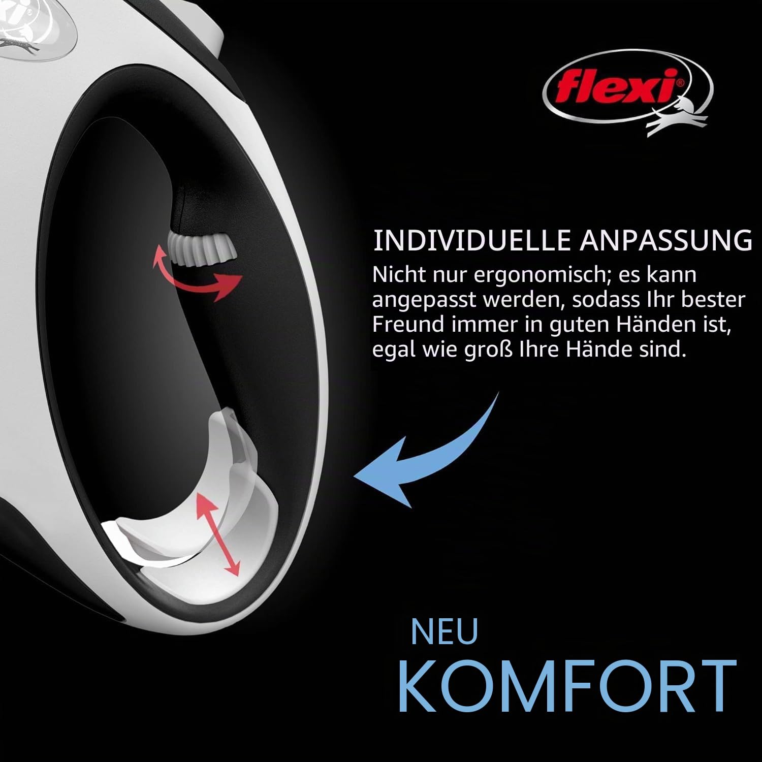 Flexi New Comfort einziehbare Hundeleine (Klebeband), ergonomisch, langlebig und verhedderungsfrei, für Hunde bis zu 11,8 kg, 3 m, Größe XS, Grau/Schwarz