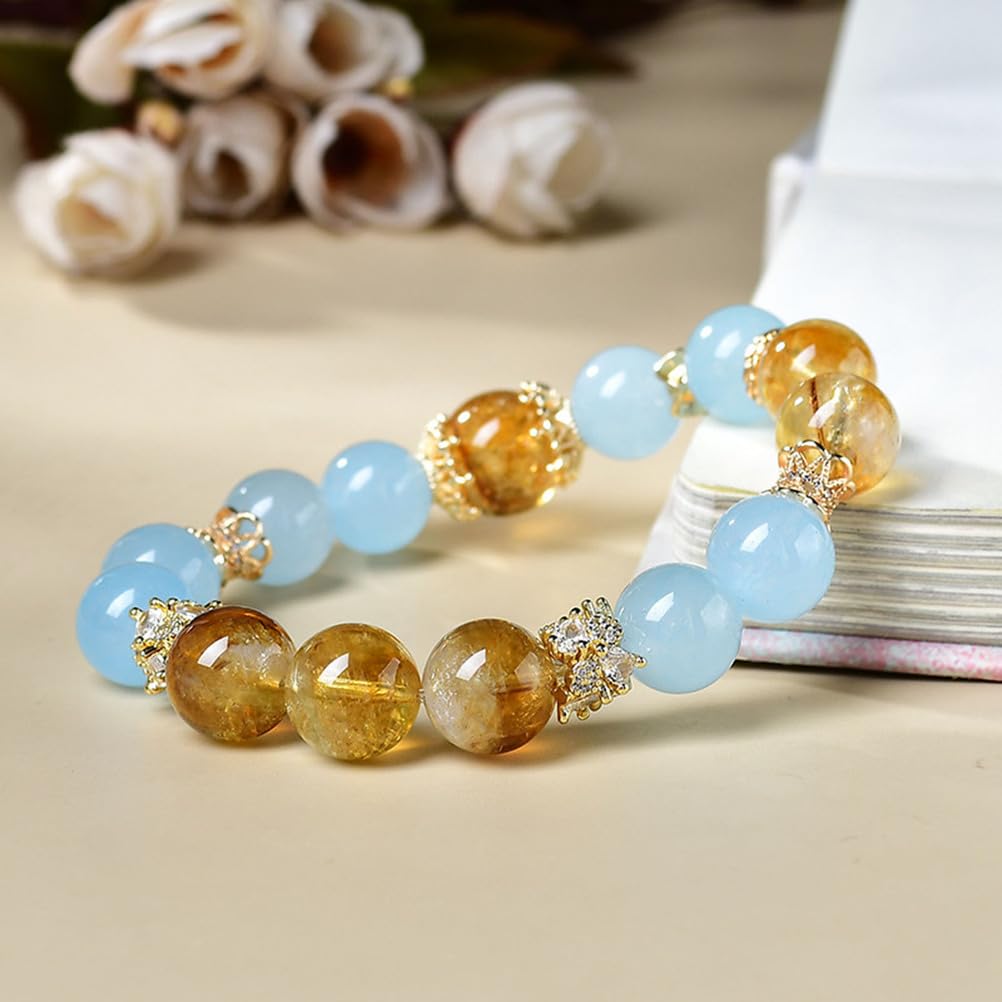Pulsera de Cristal curativo de Citrino Natural, turmalina Amarilla, Pulsera elástica de Aguamarina para Mujer, para Espiritual, protección, energía Positiva