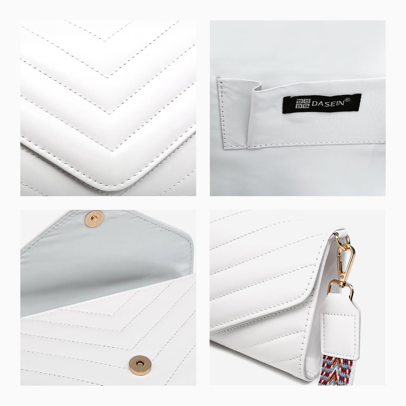 Dasein Women Small Quilted Crossbody Bags Stylish Designer Evening Bag Clutch Purses and Handbags with Chain Shoulder Strap: Wide Strap-white