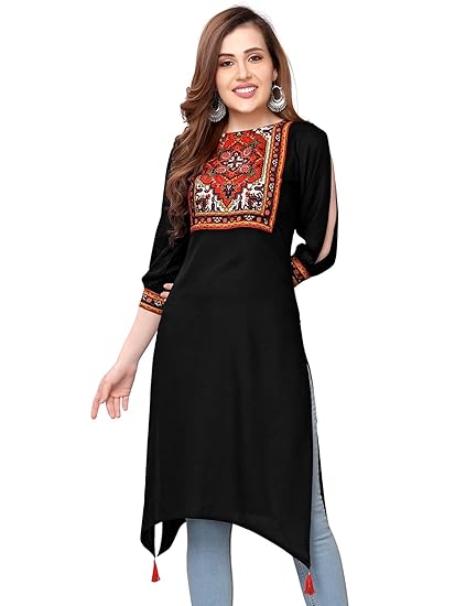 Women's Rayon Digital Print, Tassel Straight Kurta