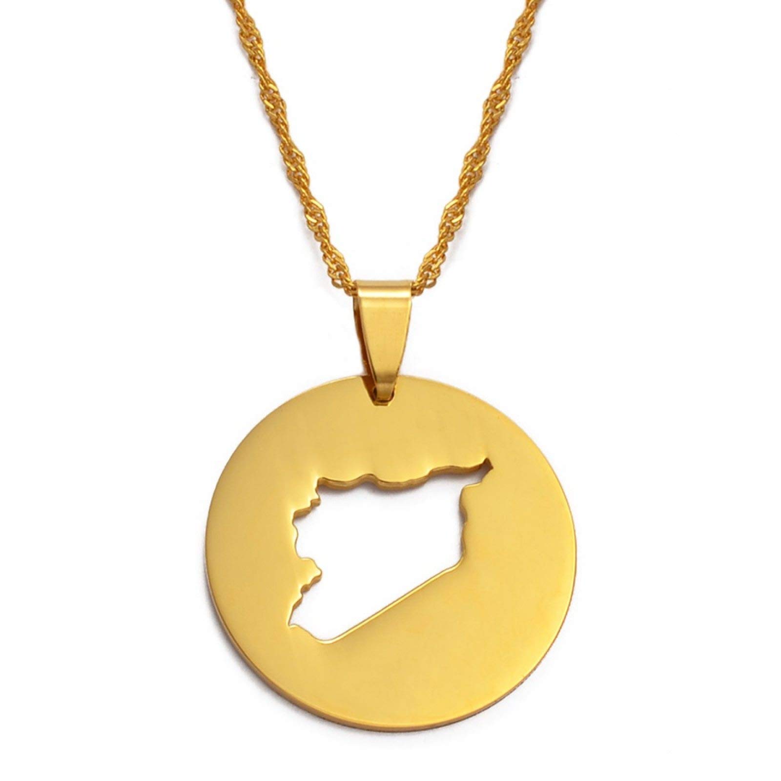 FEELHHMap Necklace,Round Syria Map Pendant Necklace, Unisex Fashion Ethnic Charm Golden Pendant Chain Jewellery, Men Women Gifts Personalized Clothing Accessory,45Cm Chain