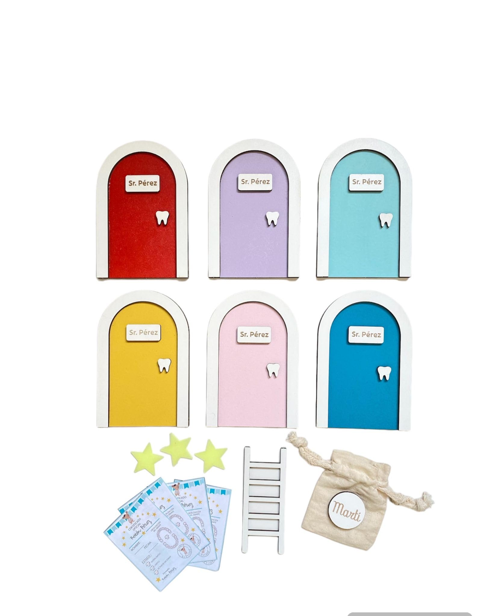 Puerta Ratoncito Pérez PERSONALIZADA de Madera, con Escalera, Certificado y Bolsita Personalizada con el Nombre del Niño para Poner el Diente – Varias Opciones de Colores. Puerta Ratón Pérez