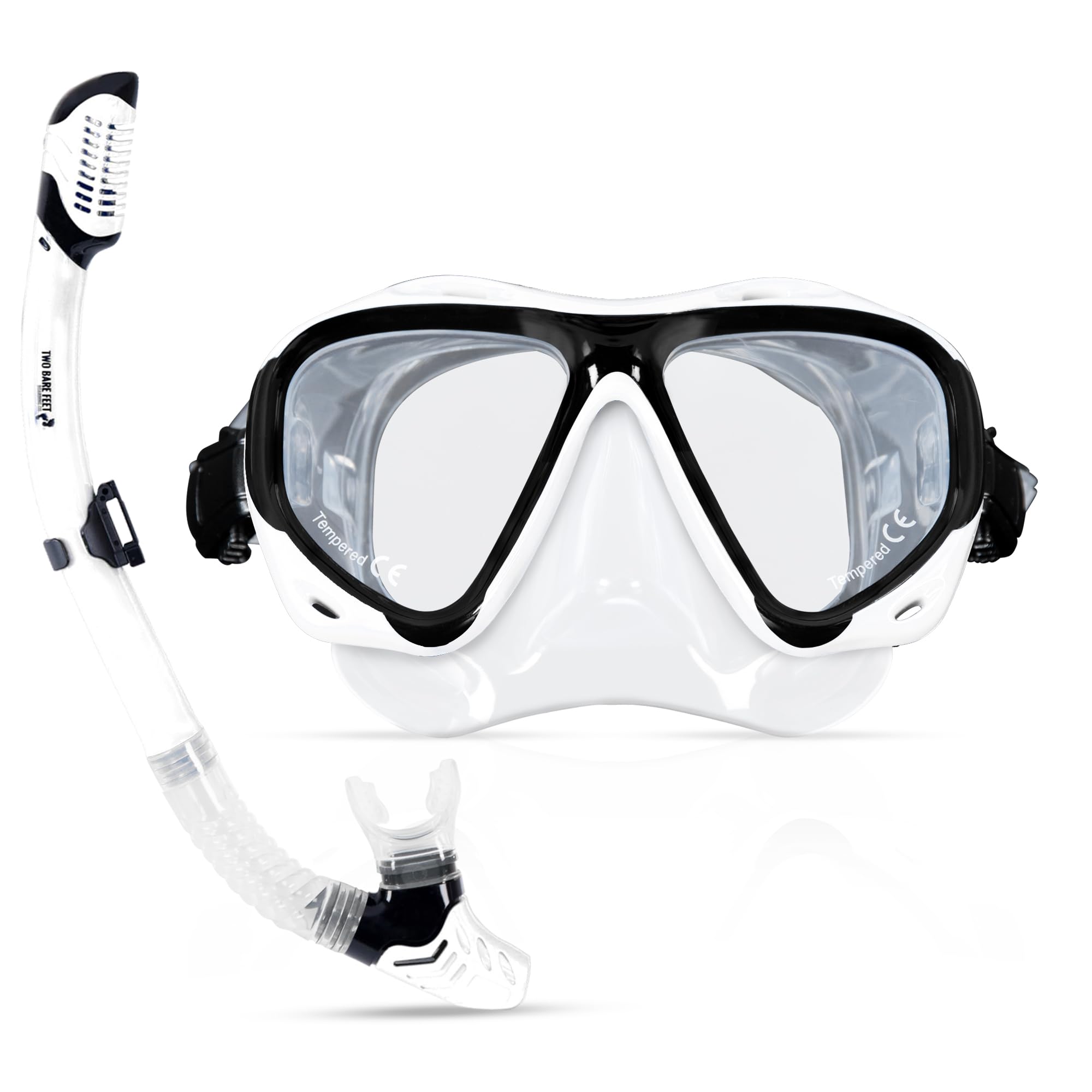 Two Bare Feet Adults Snorkel and Mask Set – Dry Top Silicone Snorkel, Anti-Fog Tempered Glass Dive Mask – Leak-Proof, Adjustable Fit for Swimming, Snorkelling & Diving Holidays (M2006S+S11S (White))