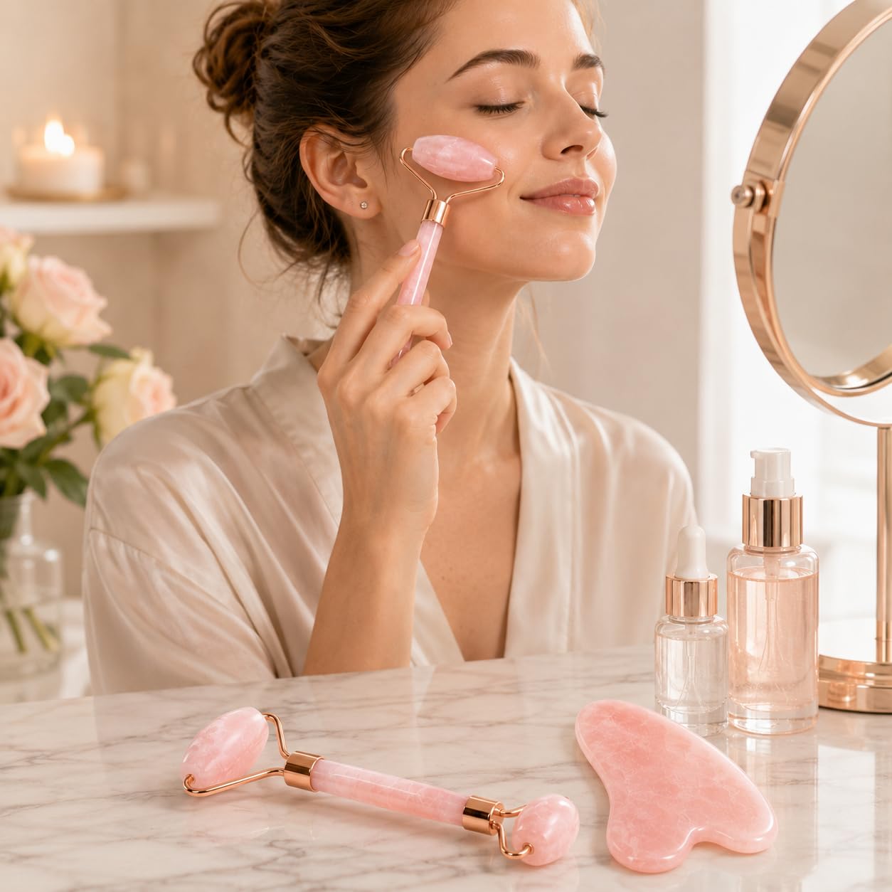 Conjunto de rolo facial de quartzo rosa e Gua Sha para massagem facial, ferramenta