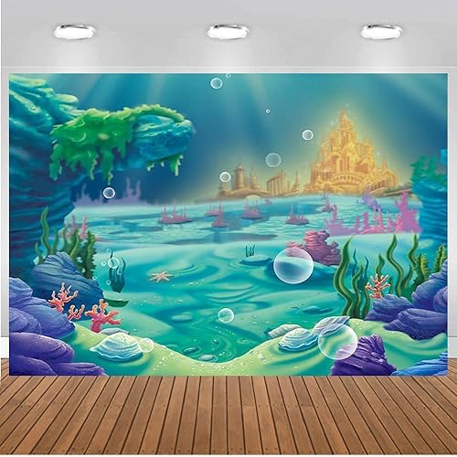 Miniatura 1 de Fondo de fotografía de castillo de sirena bajo el mar azul de dibujos animados para fiestas de bebé, telón de fondo para decoración de fiestas de