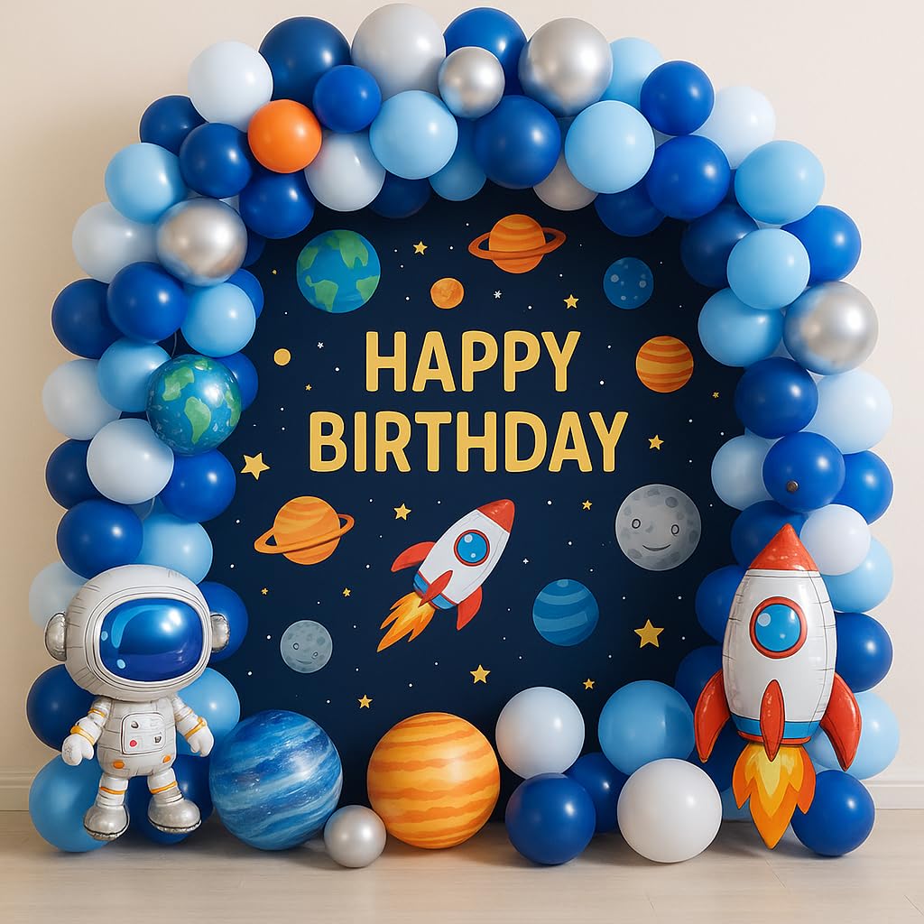 Outer Space Birthday Party Decoration Kit, Astronaut and Rocket Theme Backdrop with Balloon Arch, Blue and Silver for kids/Children - Set of 75 Pcs-image-0