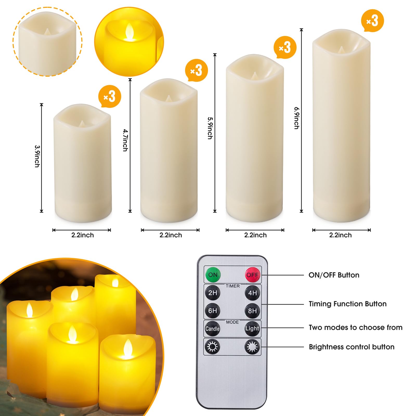 Candele a LED, set di 12 candele senza fiamma, per esterni, impermeabili, senza fiamma, con telecomando a 10 tasti, funzione timer, candele a batteria, candele a LED