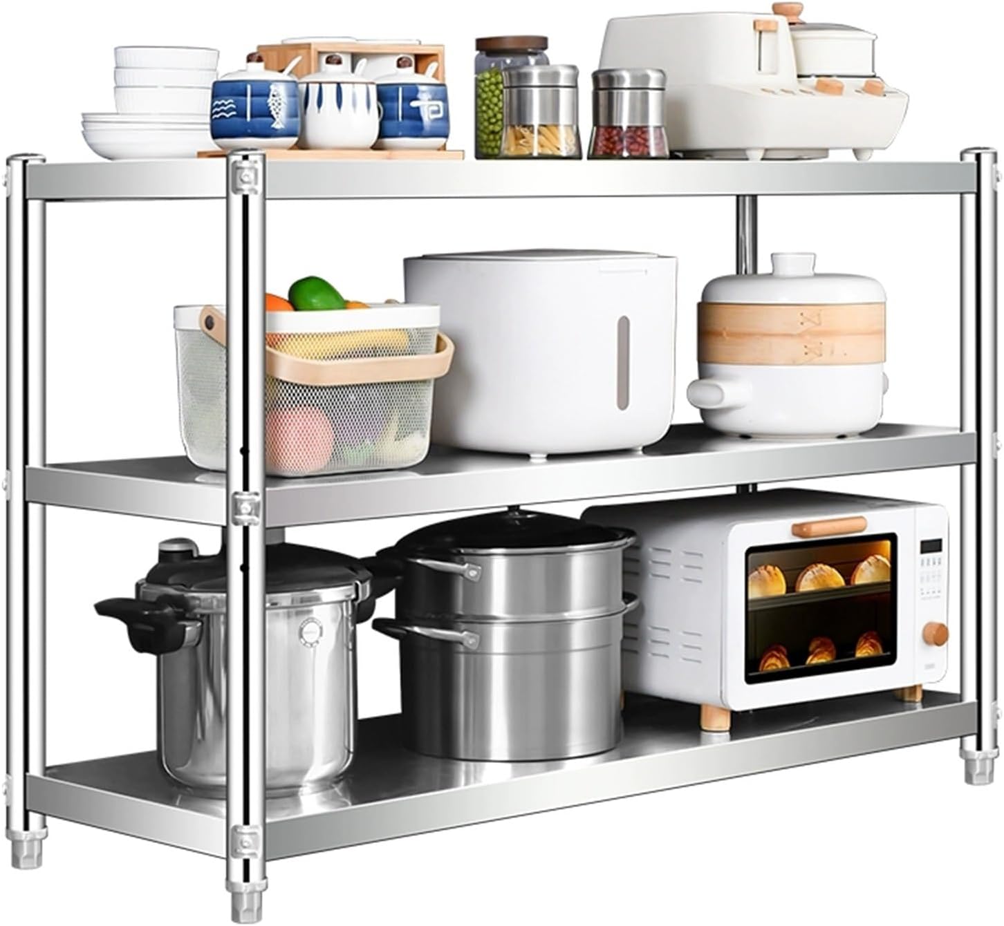 Three Tier Stainless Steel Workbench Multifunctional Prep Table Open Storage Shelf Easy to Take Adjustable Tiers Metal Table with Stainless Steel Adjustable Feet