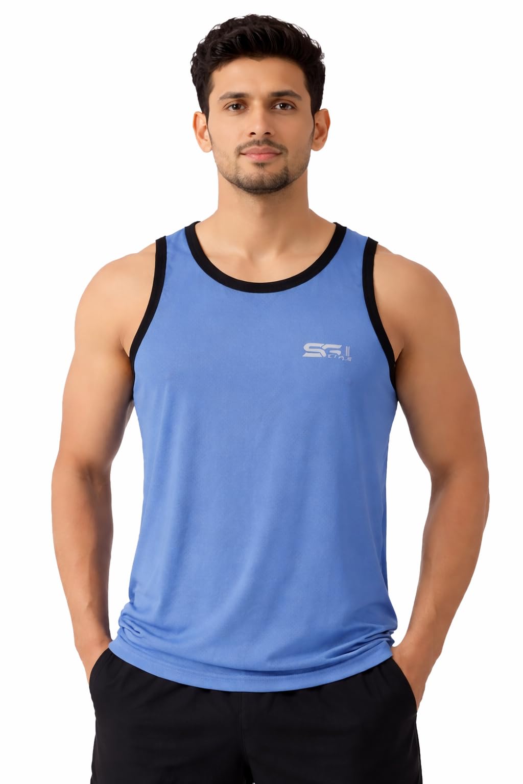 SG Style Men's Tank Top, Blue with Black Contrast, Sleeveless Gym Vest for Workout-picture-34