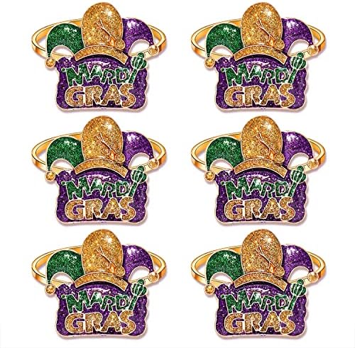 6PCS Mardi Gras Napkin Rings, Glitter Mask Fleur De Lis Napkin Ring for Table Setting, Fat Tuesday Napkin Holder Rings Masquerade Party Serviette Buckles Table Decor (Mardi Gras 3)
