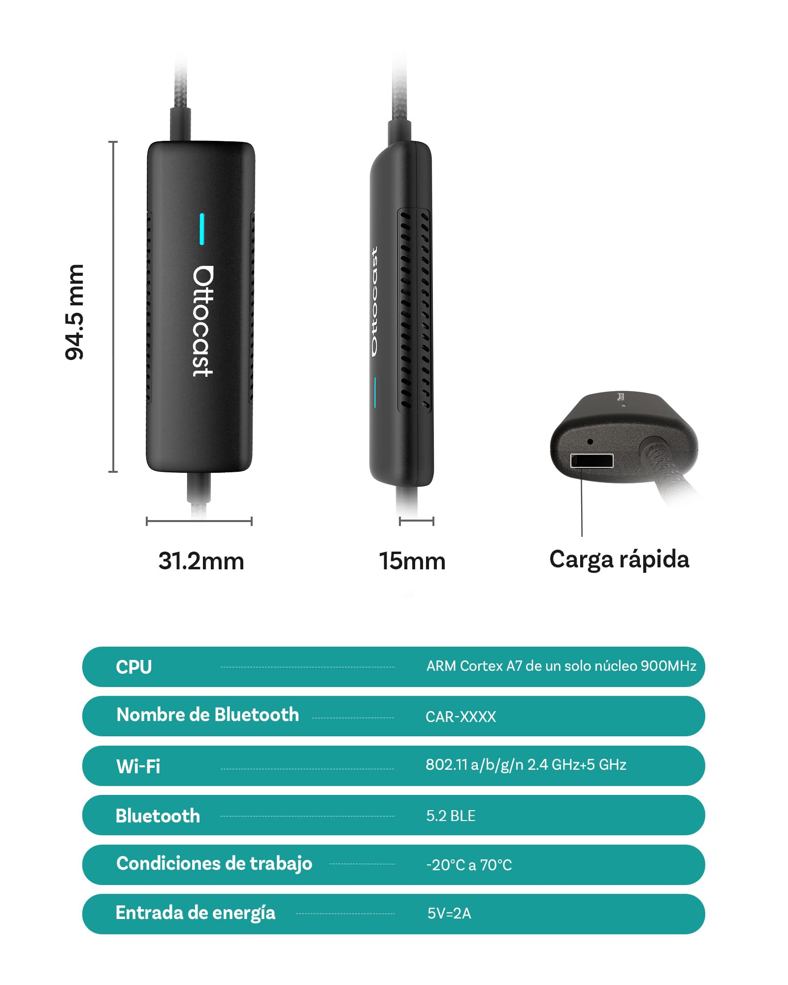Ottocast Mirror Touch 2025 – Adaptador CarPlay inalámbrico con Espejo bidireccional y Control táctil – para Coches con CarPlay por Cable – Ver Netflix, TikTok, Youtube – Plug & Play