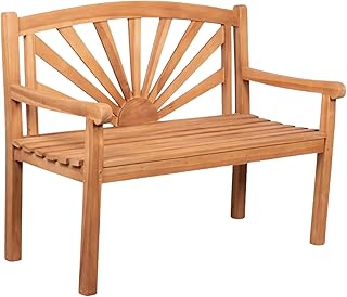 MR. DEKO® Gartenbank Motiv Teakholz | Holzbank mit Lehne | Friesenbank für draußen | 2-Sitzer 120x60x94 cm | Sitzbank Teak massiv & wetterfest Garten Balkon Terrasse | Parkbank zum Relaxen (Sonne)