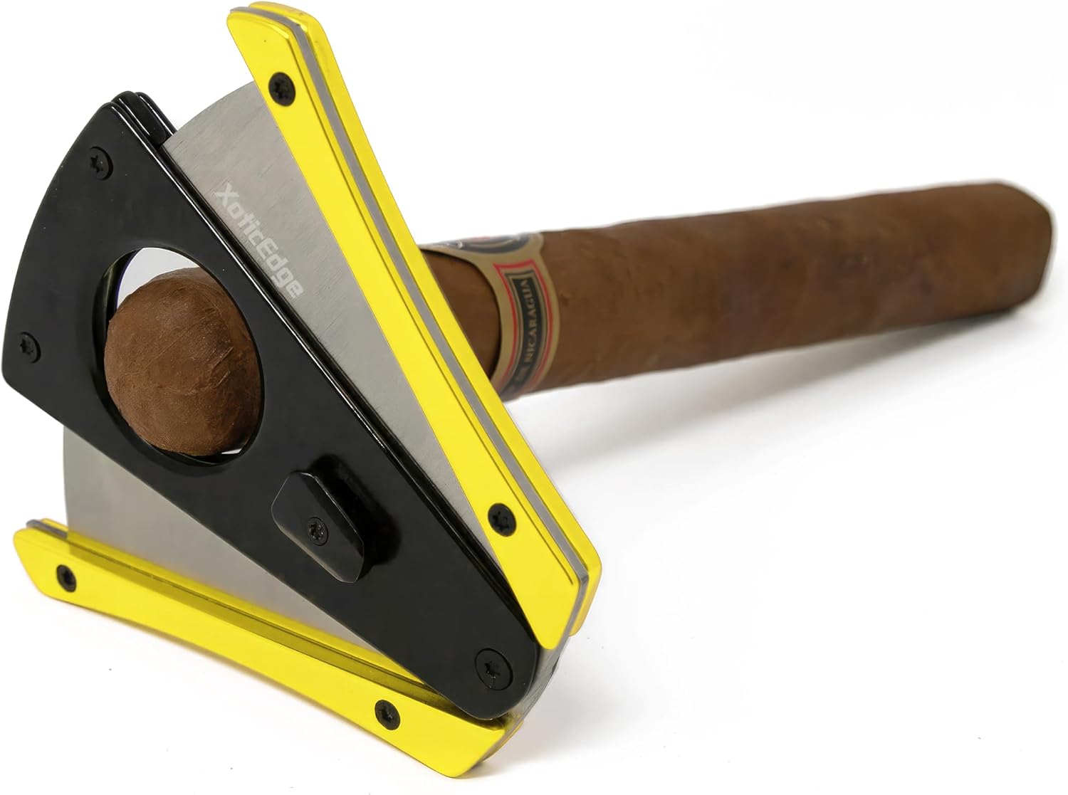 Prestige Import Group XoticEdge XhaleX Anodized Aluminum Body Dual Wing Stainless Steel Blade Cigar Cutter - Up to 64 Ring Gauge - Vibrant Yellow & Black