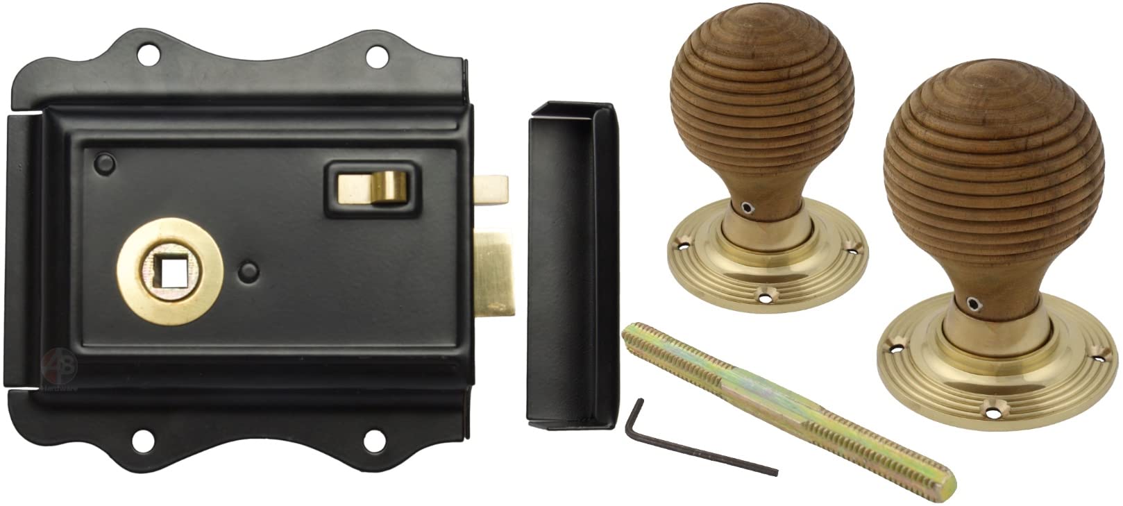 Ab Hardware Polished Brass + Rim Lock Old English Victorian Style Latch Lock Snib + Teak Beehive Rim Door Knob Set (Polished Brass + Rim Lock)