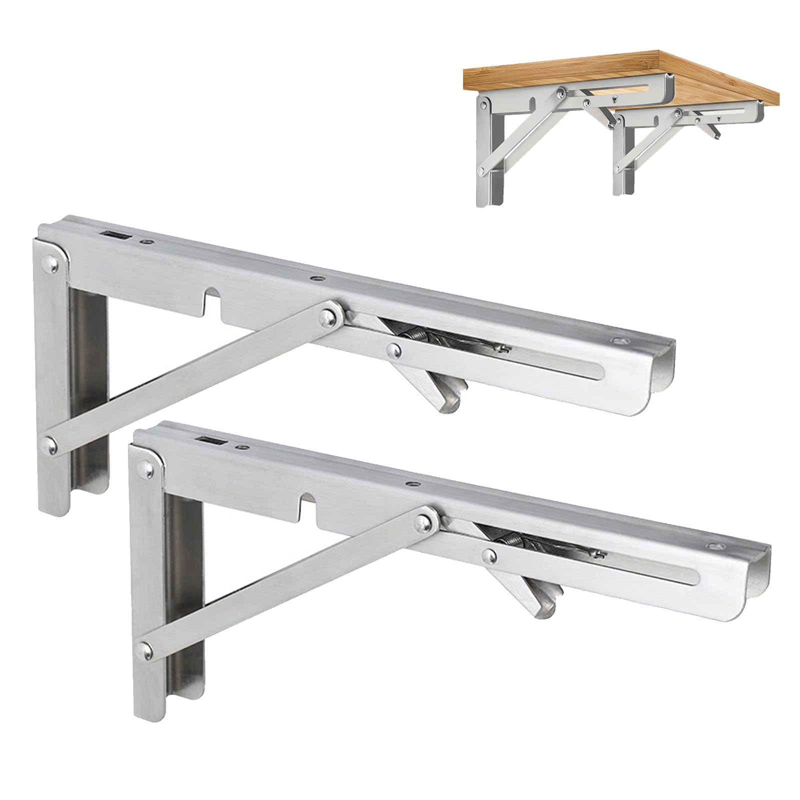 2 Pack Folding Shelf Brackets 16", Heavy Duty Stainless Steel Wall Mounted Collapsible Triangle Brackets, Metal Foldable L Right Angle Shelves Supporter for Kitchen, Office, Table etc. (Silver)