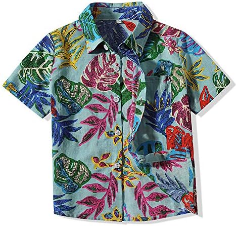 Baby Boys Casual Hawaiian Shirts Cotton Print Button Down Short Sleeve Shirt for Holiday (Blue, 3-4T)