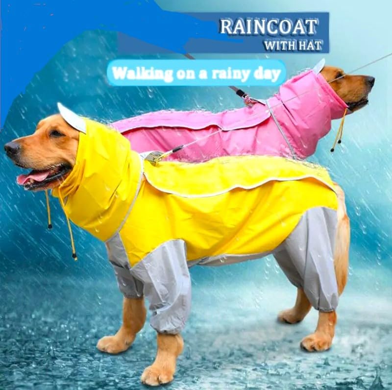Image of Bhumi Enterprises Dog Raincoats Rain Snow Coats Waterproof Clothing 4 Four Legs Raincoat Full-Cover Dogs Hooded Poncho(Yellow-Grey) (32 Size)