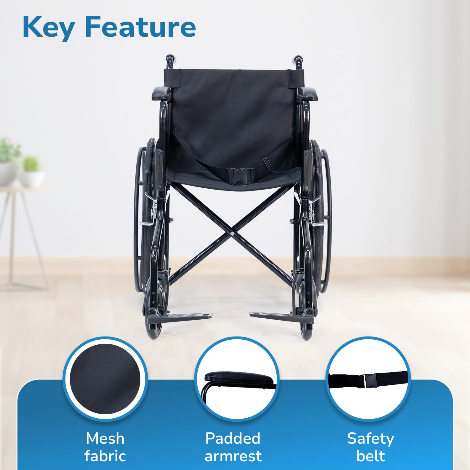 Everactiv Economy Foldable Wheelchair with Heavy-Duty Frame, Strong Crossbar Support, Safety Seat Belt, Wide Padded Seat, Easy Folding Design, 120 kg Capacity | Wheelchair for Old Age Person | Black Colour - Image 5 thumbnail