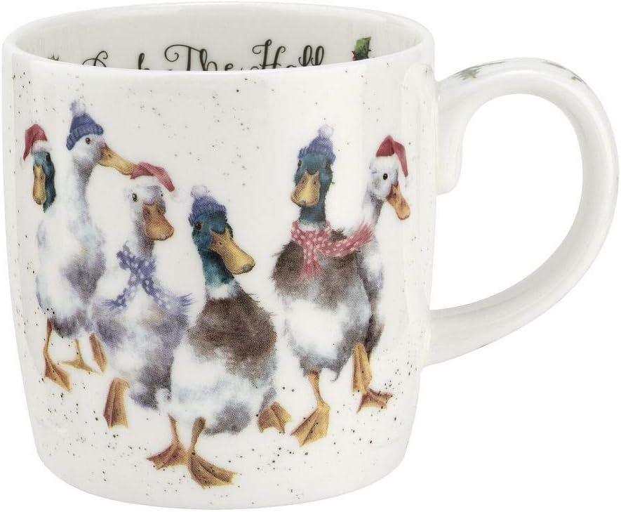 Royal Worcester 14 Oz Duck The Halls Christmas Mug with Duck Design - Fine Bone China Winter Holiday Coffee Mug, Microwave & Dishwasher Safe, Wrendale Designs Festive Holiday Tableware