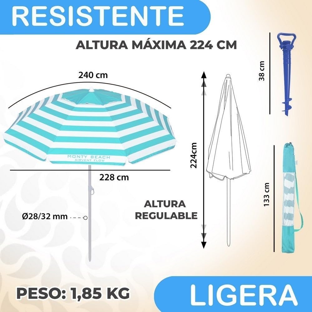 LOLAhome Sombrilla playa 240 cm y soporte arena, protección UV+50, sombrilla antiviento, varillas flexibles, techo ventilación, mástil inclinable y regulable altura, bolsa transporte