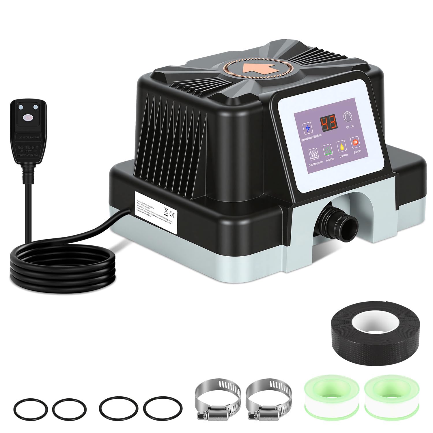 Daromigo Poolheizung Elektrisch 3000W mit Digitalanzeige, Temperaturregelung 37-45°C, Poolheizung für Aufstellpools bis 3 m³, mit FI-Schutz und Kippschutz, für 32/38 mm Schlauch