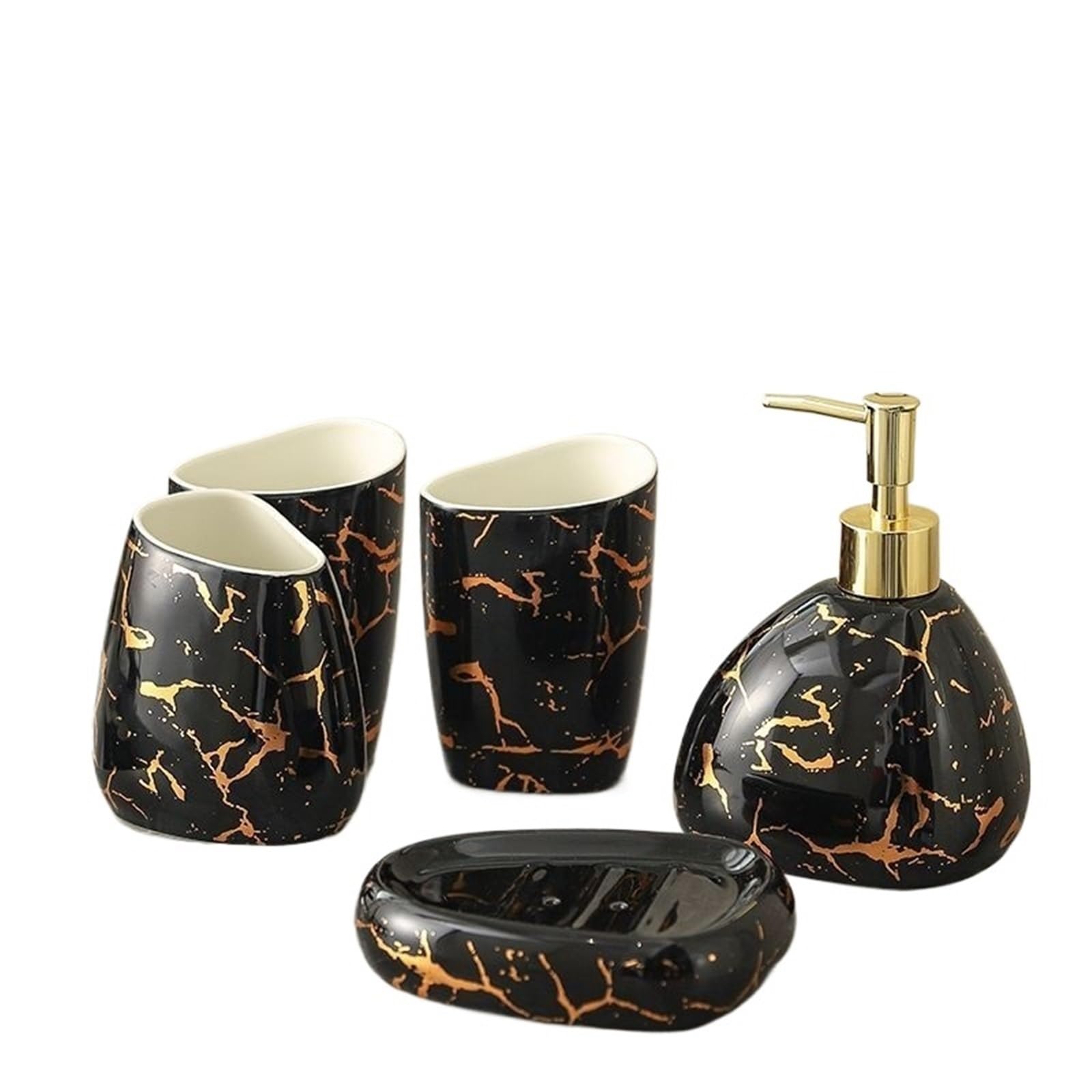 Soap Dish Set Exquisite Gold Plated Black Ceramic Bathroom Set Lotion Bottle Soap Dispenser Household Mouthwash Accessories(Color1)