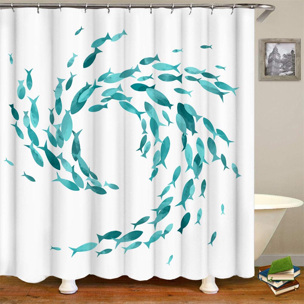 Uiyiui Multicolor-3 Teal Fish Shower Curtains Set 33X83in/85X210cm/Wxh Sea Ocean Creatures Bathroom Decor Curtains, Waterproof Polyester Fabric For Shower Stall Bathtubs Bathroom Accessory With Hooks