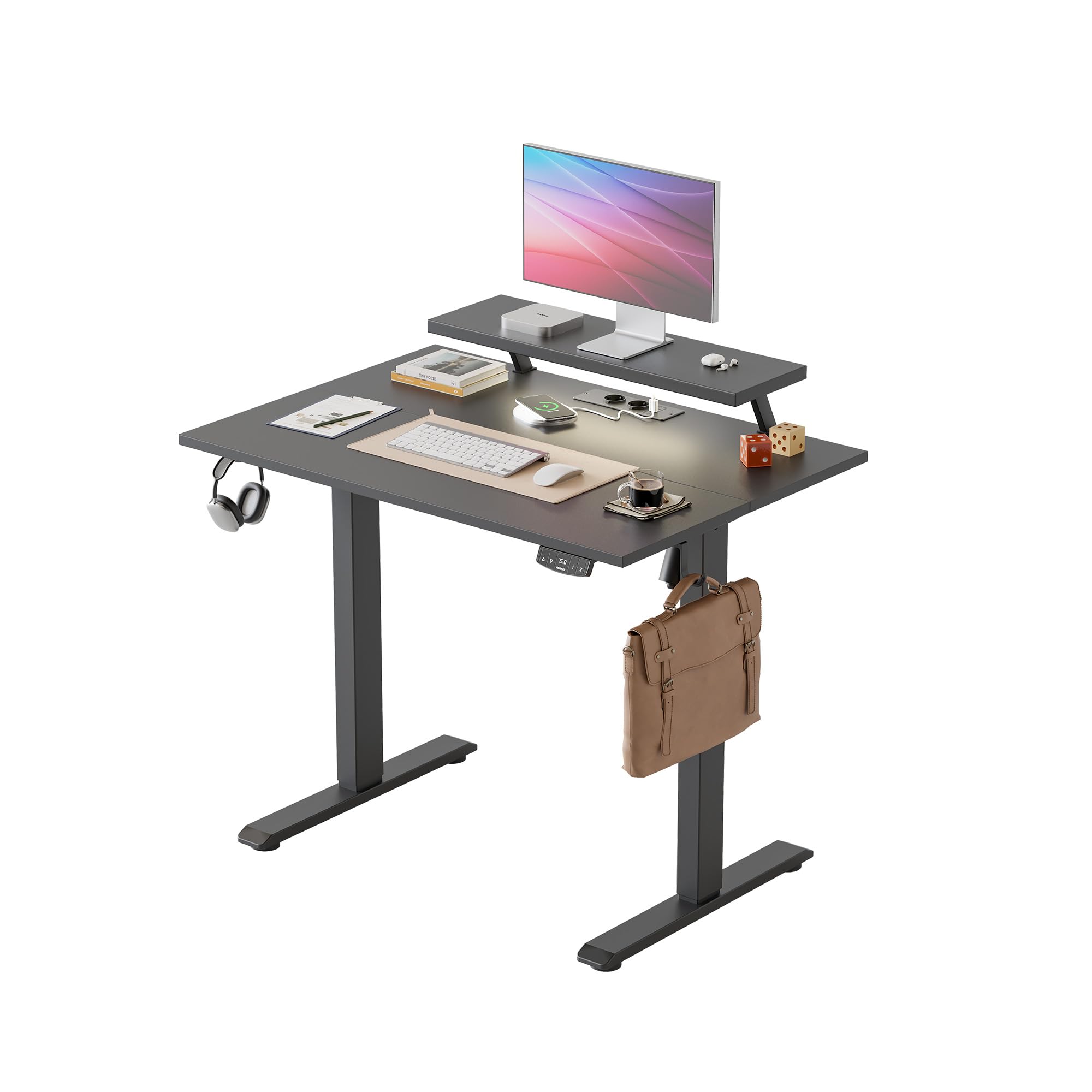 Agilestic Höhenverstellbarer Schreibtisch mit beweglichem Monitorständer, 100 x 60 cm Schreibtisch Höhenverstellbar Elektrisch, LED-Lichtleiste, USB Steckdose, Standing Desk, Computertisch, Schwarz
