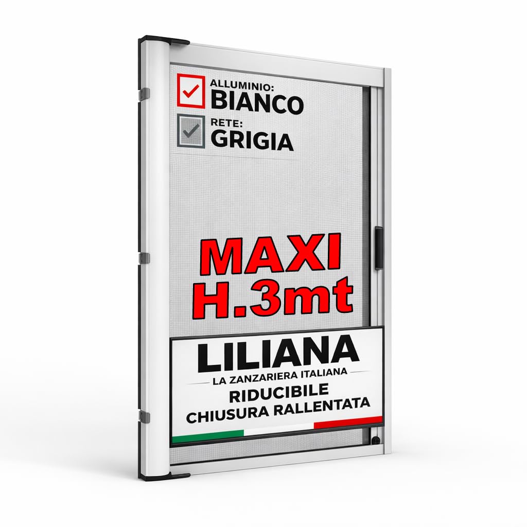 Zanzariera a Rullo "LILIANA MAXI" L 150 x H 300cm Laterale Riducibile per Porta Finestre Con Chiusura Rallentata e Magnetica - Bianco RAL9010 con Rete in Fibra di Vetro Grigia - Made in italy