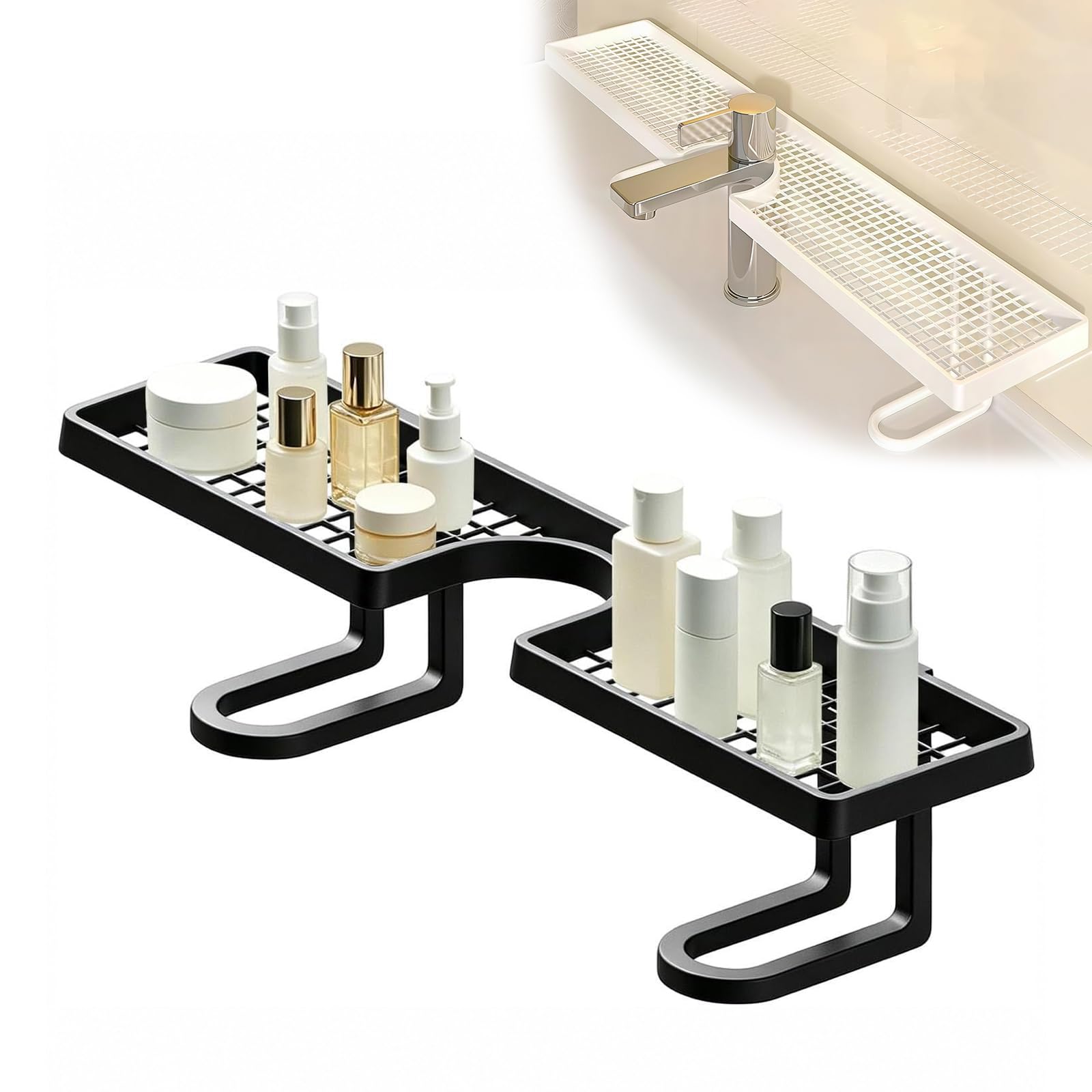 Behind The Faucet Sink Organizer, No-Drill Free Over The Sink Shelf Bathroom, Universal Thickened Behind The Faucet Shelf Bathroom, Space-Saving Countertop Organizer (A-Black,50CM)