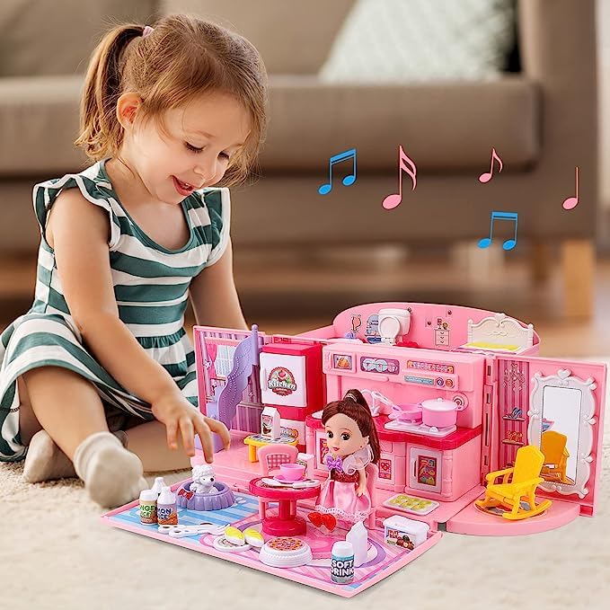 Image of 2-In-1 Light & Music Portable Pink Doll House Play Set With Carry Case And Doll Mini Doll House In A Stylish Handbag- Great Gift Dollhouse Set For Kids