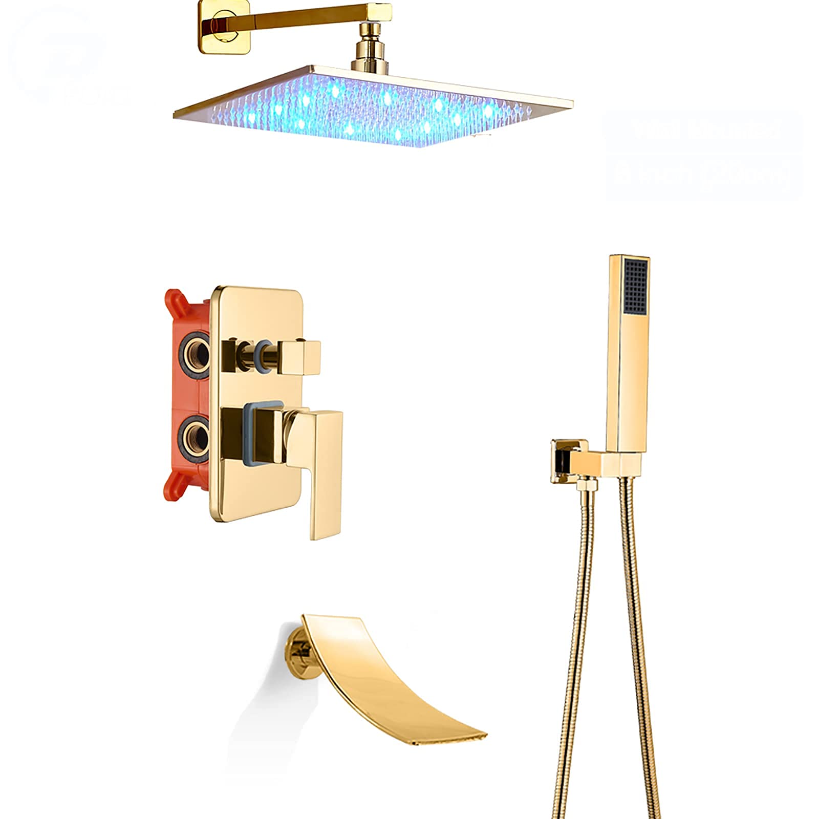 CWCQGH LED Shower Combo Gold Wall Mounted Bathroom Shower Faucet Set with Shower Head, Hand Shower, Waterfall Bath Mixer, 16 Inch