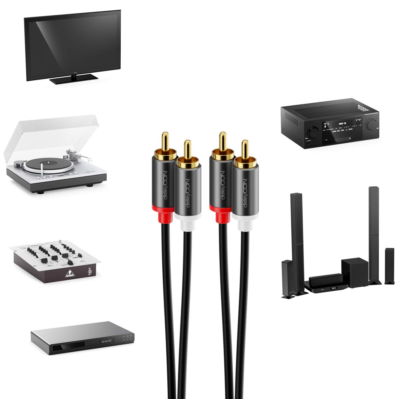 deleyCON 3,0m Cinch Cavo RCA Cavo Audio Hifi Cavo Audio Spina Metallica per Amplificatore Stereo Home Cinema Ricevitore Hifi Lettore Blu-Ray (Extra Sottile & Flessibile)