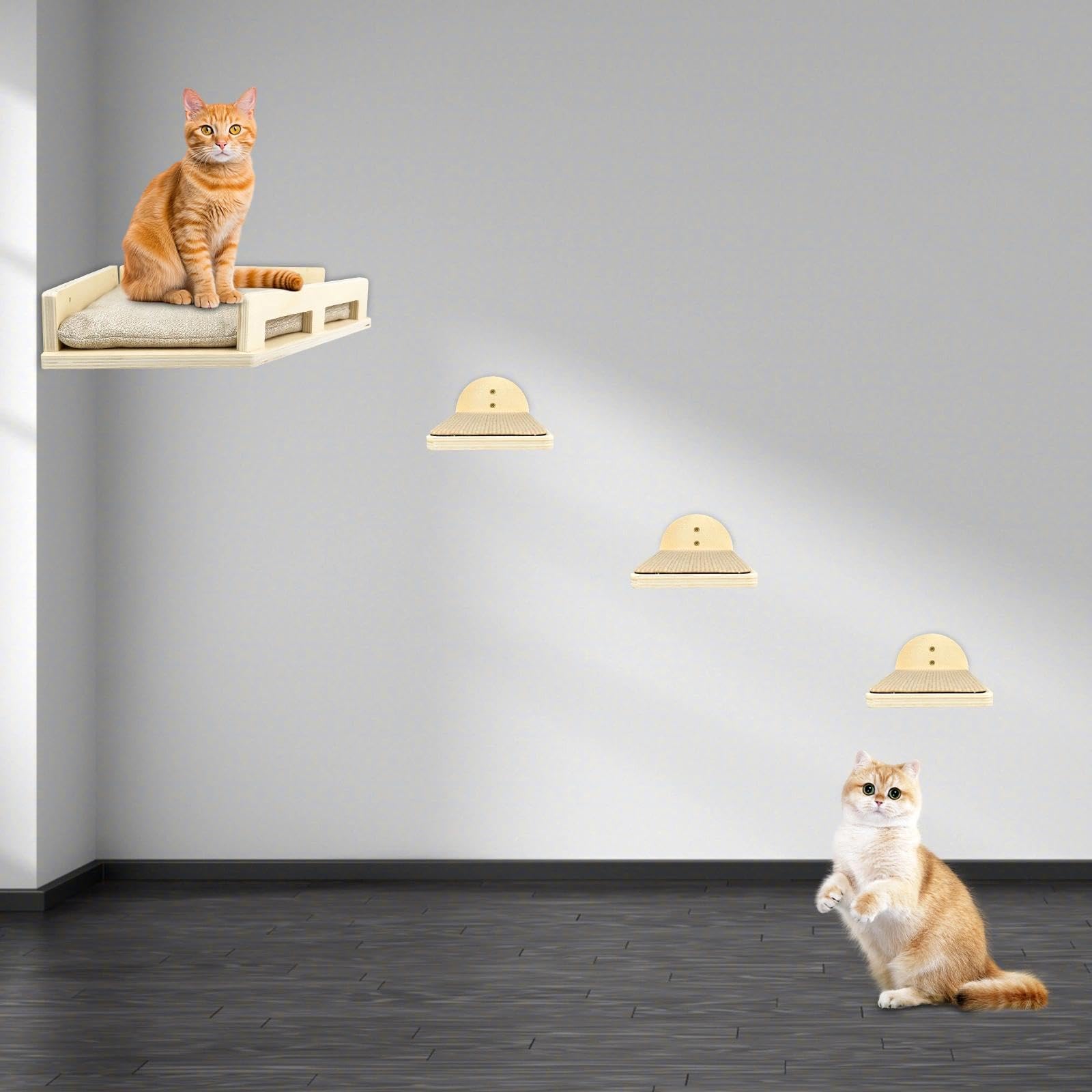 4er Set Kletterwand Katzen, Katzen Wandelemente,Katzentreppe Wand | Katzenbretter für Die Wand, Katzenwandmöbel Set, Katzenleiter Wand für Katze Klettern Spielen Faulenzen(Massivholz)