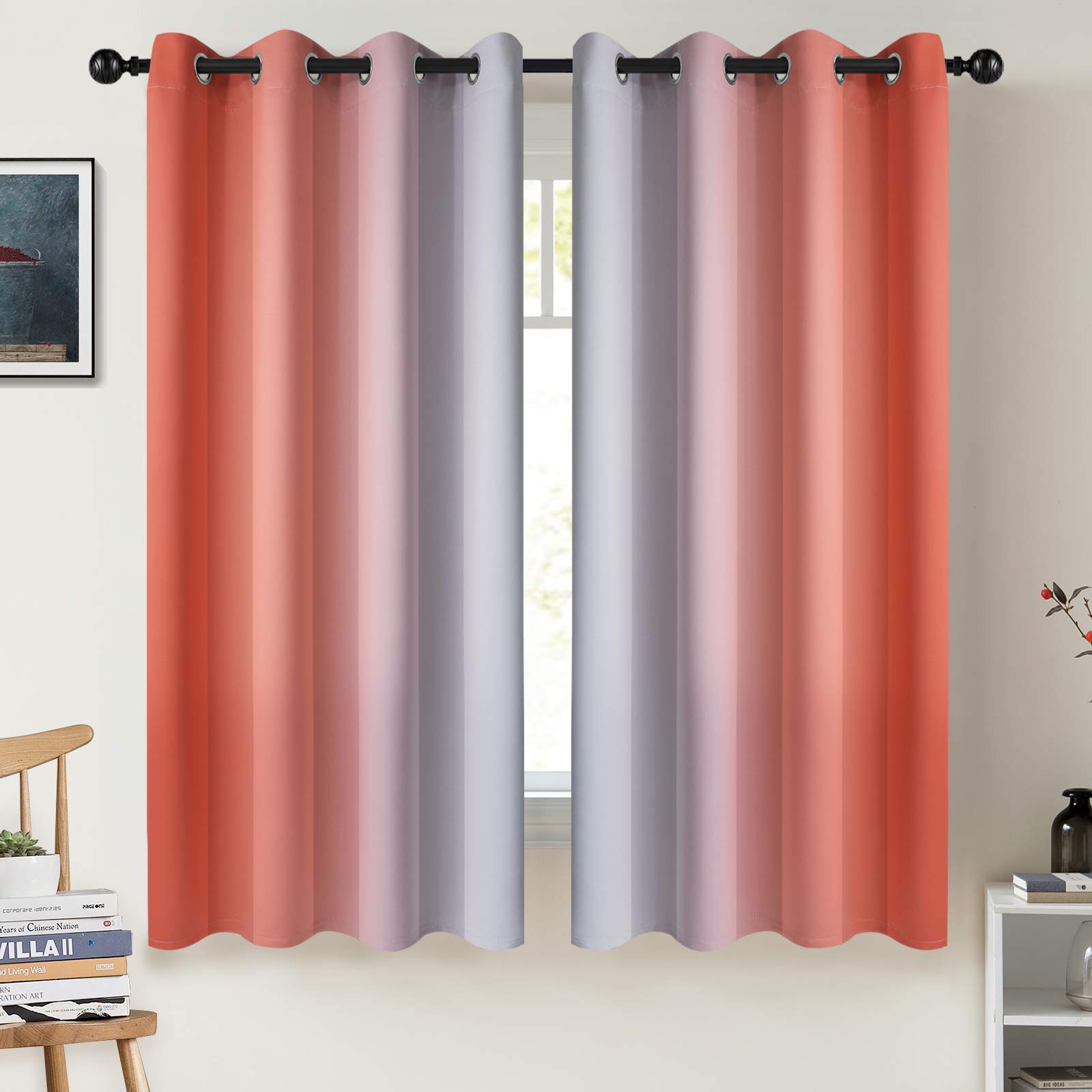 COSVIYA Grommet Ombre Room Darkening Curtains 63 inch Length, Coral and Greyish White Gradient Drapes Light Blocking Insulated Thermal Window Curtains
