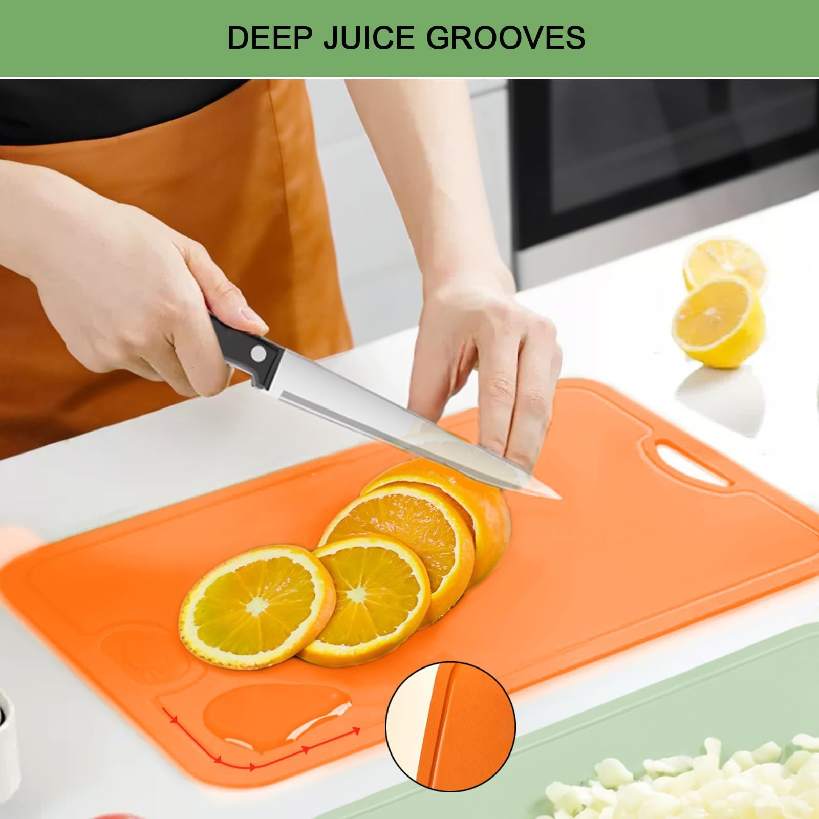 Tabla Cortar Cocina Doble Cara, Tabla de Cortar Cocina TPU, Flexibles, Livianas y Flexibles, Fáciles de Limpiar, se Pueden Colgar, Tapete de Corte para Carne, Queso, Frutas y Verduras(Orange,Medium)