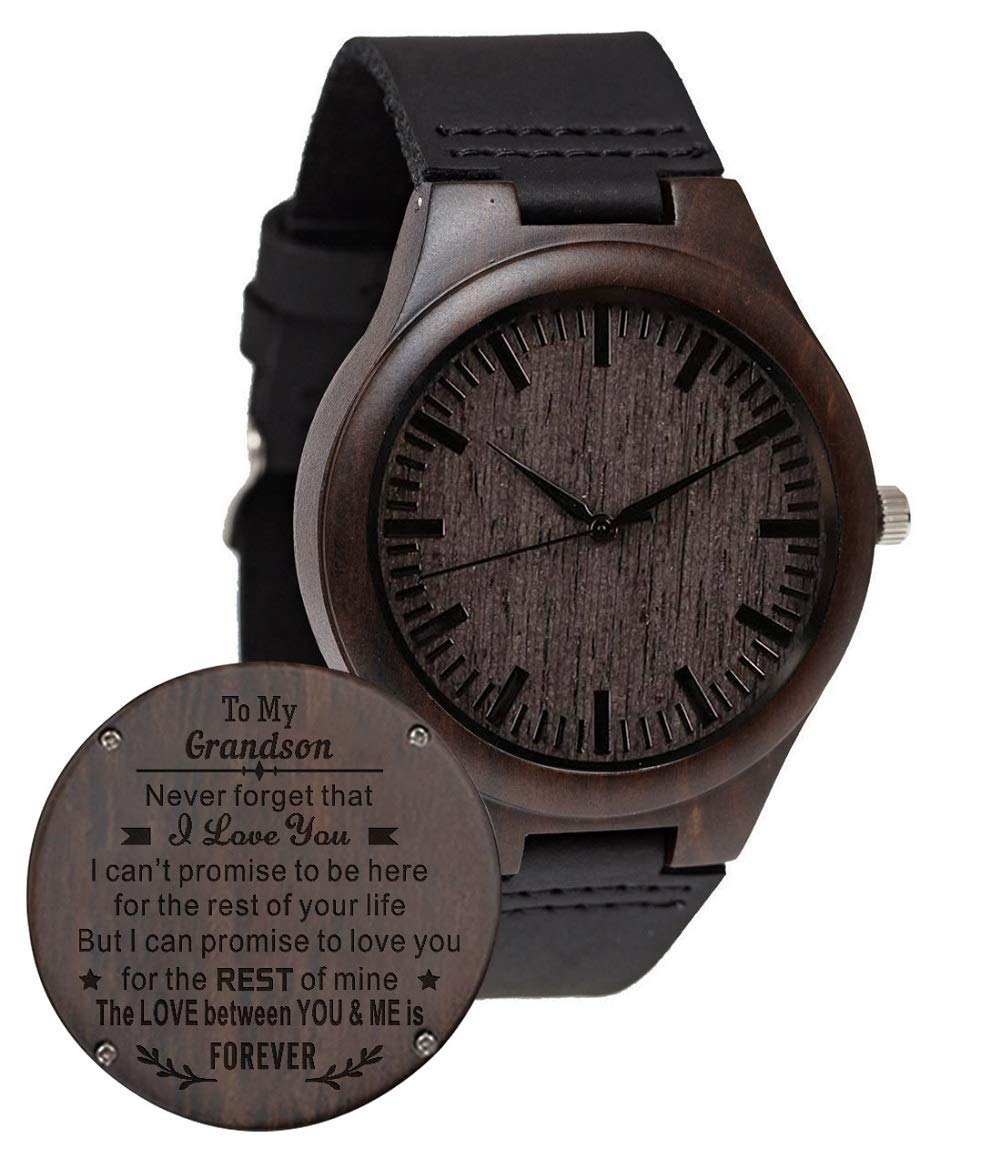 Personalized Wooden Watch for Men Dad Husband Son Custom Wood Engraved Leather Strap Wristwatch Boyfriend Groomsmen Gift Fathers Day Birthday Anniversary Wedding Christmas (Gift to My Grandson) (B07TBZB3TG) Amazon Price History, Amazon Price Tracker