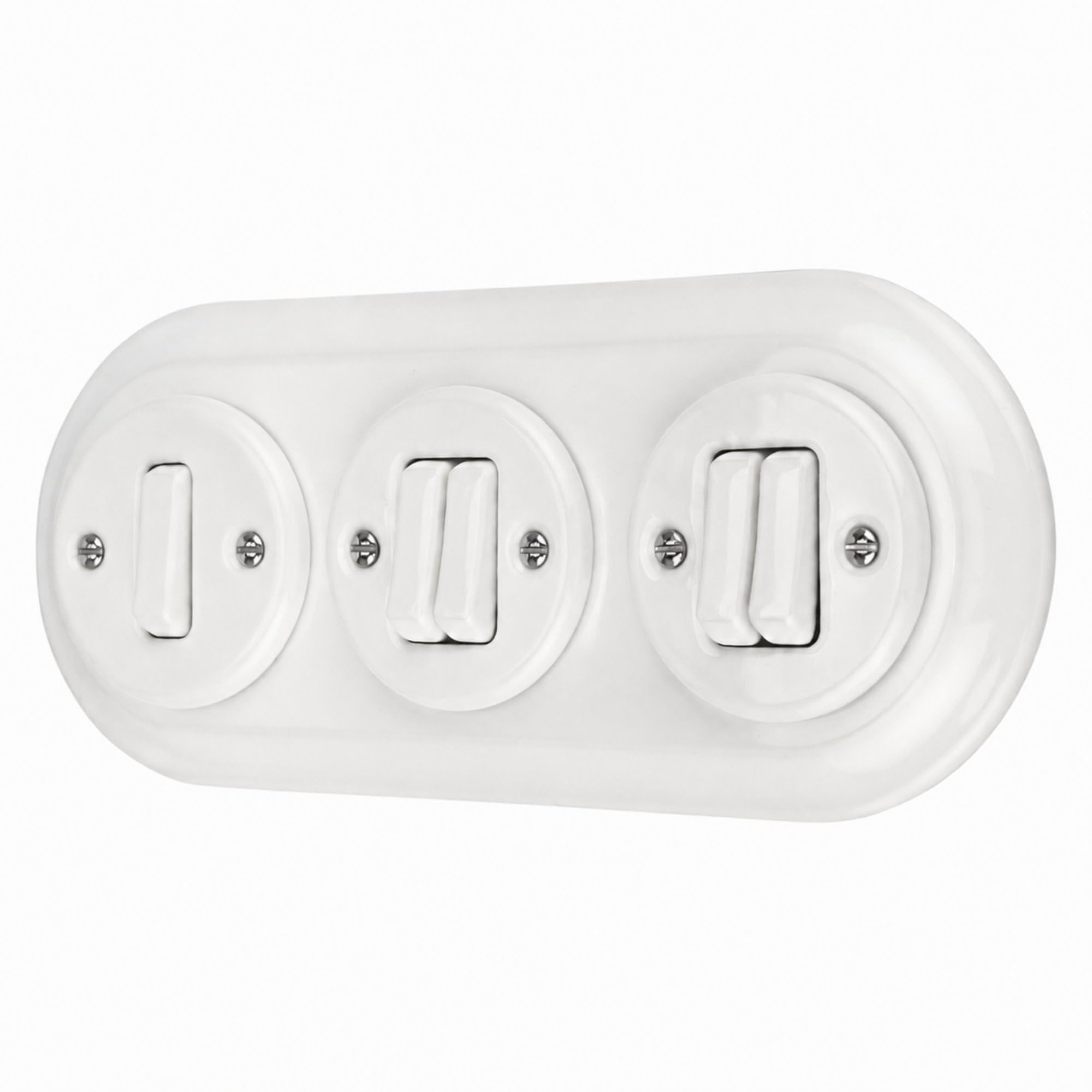 Interrupteur rétro encastré en porcelaine - Double interrupteur - 3 prises - All-in-One - Série PR1 - Blanc